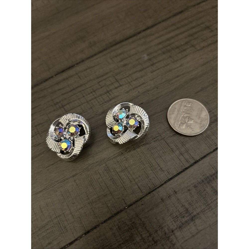 Vintage Woven Silver Clip On Earrings With Iridescent Rhinestones In Center